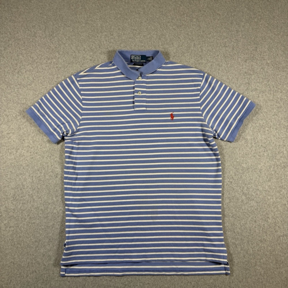 Polo Ralph Lauren Custom Fit Polo Shirt Mens Large Blue White Striped Red Pony